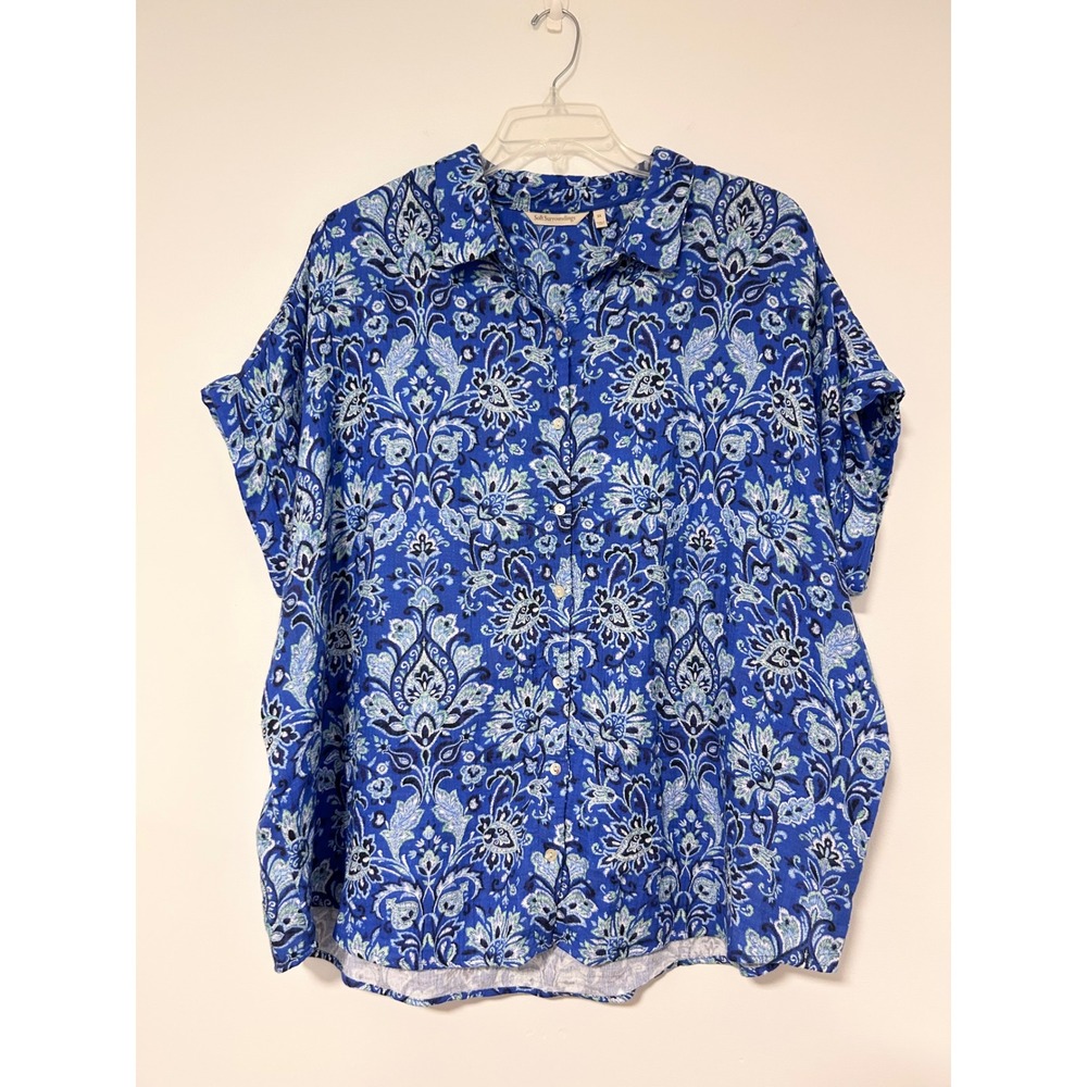Soft Surroundings Blue Paisley Damask Cotton Button‎ Down Top 3X 5GG71 Womens
